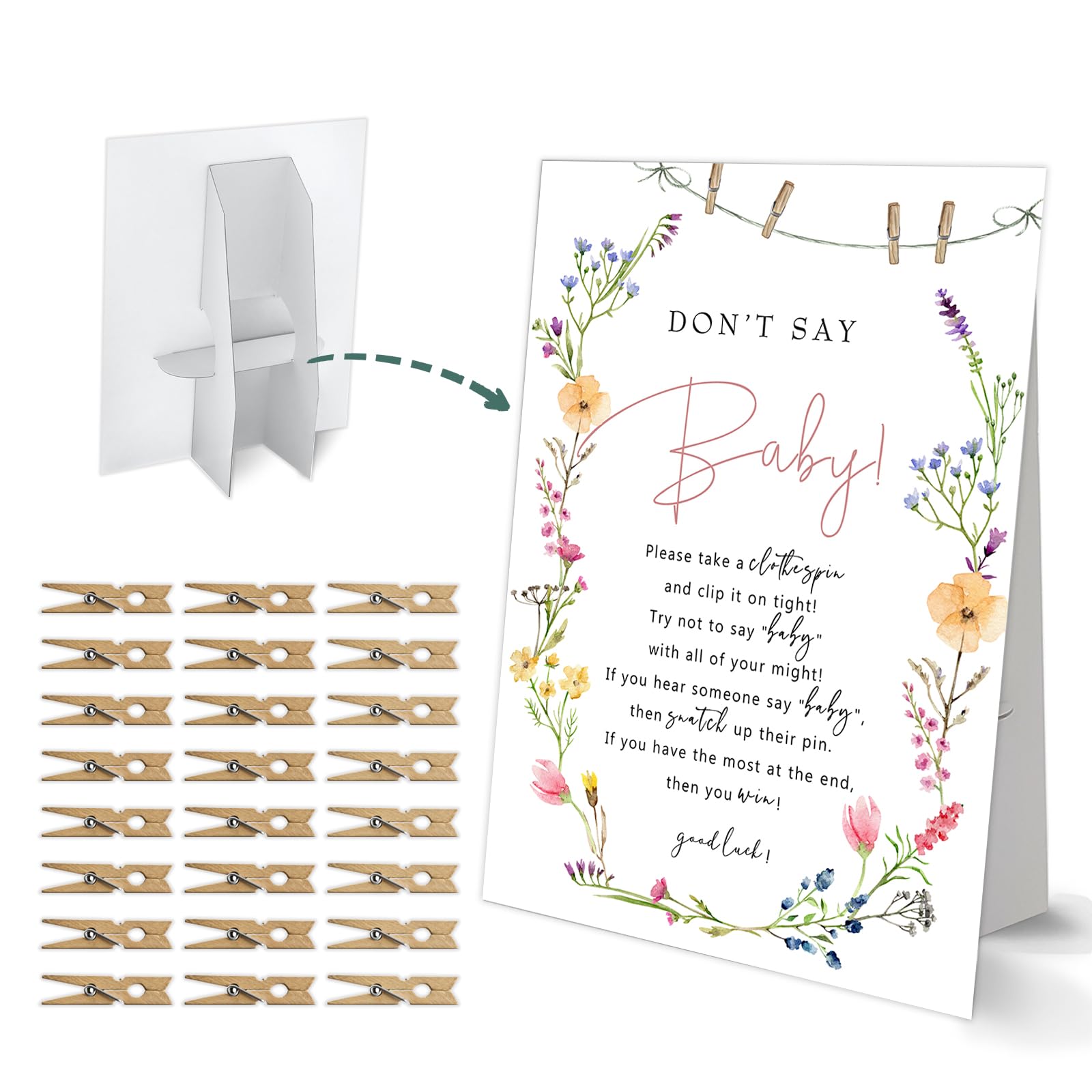 Don't Say Baby Clothespin Game, Boho Wildflowers Baby Shower Game, One 8x11 Sign and 50 Mini Natural Clothespins, Gender Neutral, Baby Shower Decoration - MJZ29