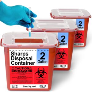 sharps container 2 gallon (3-pack) - sharps containers for home use, needle disposal containers, sharps bin, professional grade biohazard containers, sharps box for needles