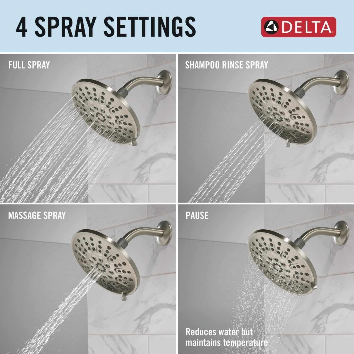 Delta Faucet 4-Spray Shower Head, Brushed Nickel Shower Head, Round Shower Head, High Pressure Shower Head, Metal Shower Head, 1.75 GPM Flow Rate Shower Head, Brushed Nickel 75617SN