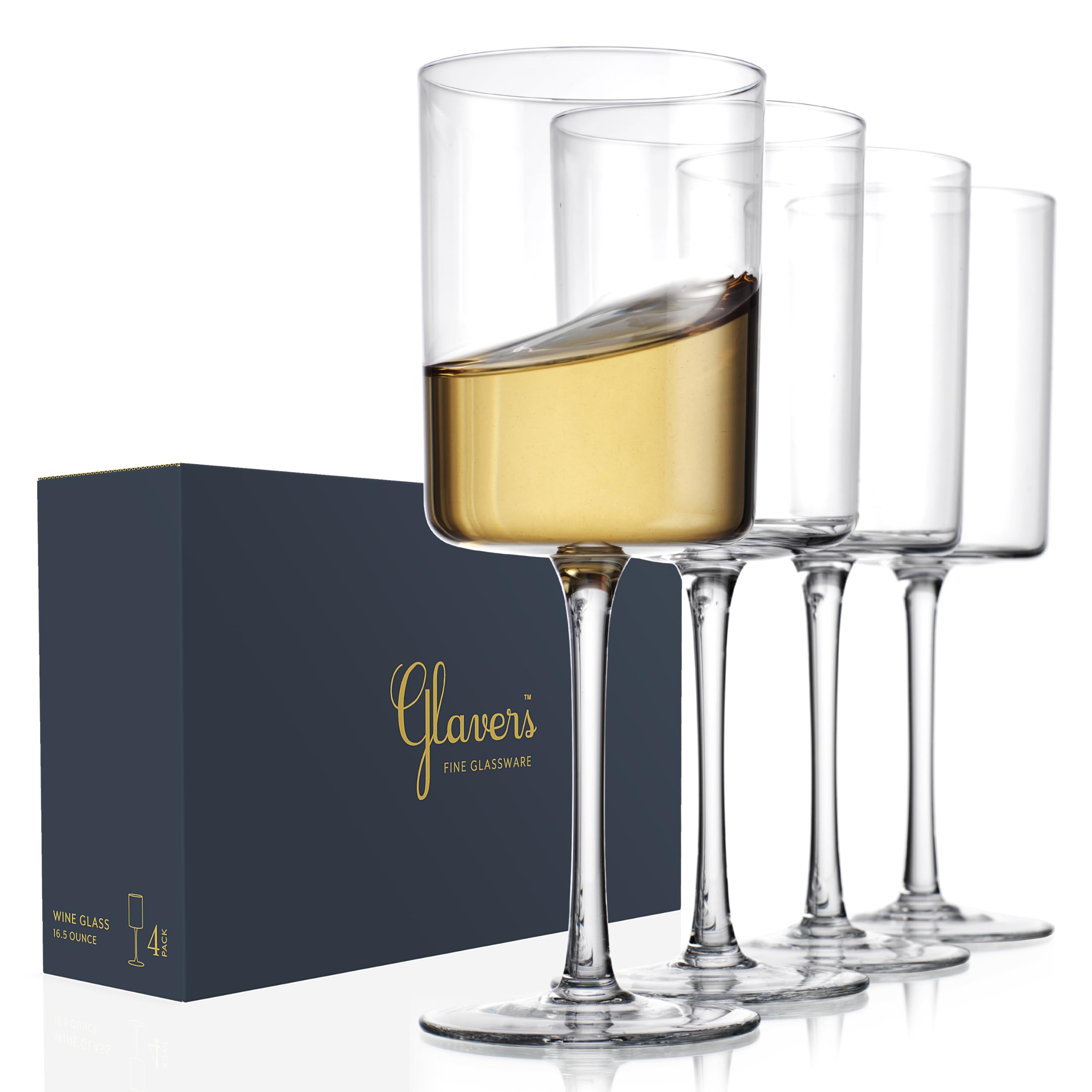 Square Wine Glasses Set of 4, Crystal Stemmed Modern Wine Glasses 16 Oz, Tall Thin Rim, Large Wine Glasses For Red and White Wine, Elegant Gifting Packaging, Dishwasher Safe. Snifter