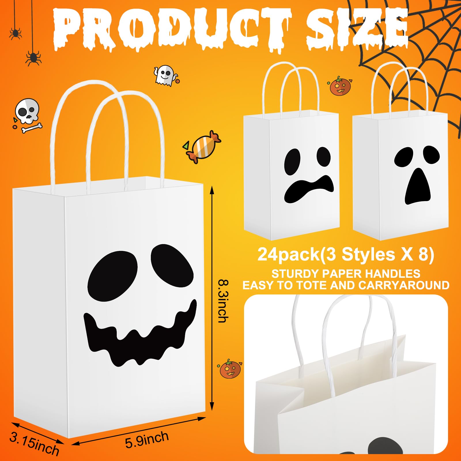 Honoson 24 Pieces Ghost Halloween Treat Bags Halloween Paper Gift Bags Halloween Goodie Bags with Handles Halloween Goodie Candy Bag Trick or Treat Party Favor Bags for Halloween Party Supplies