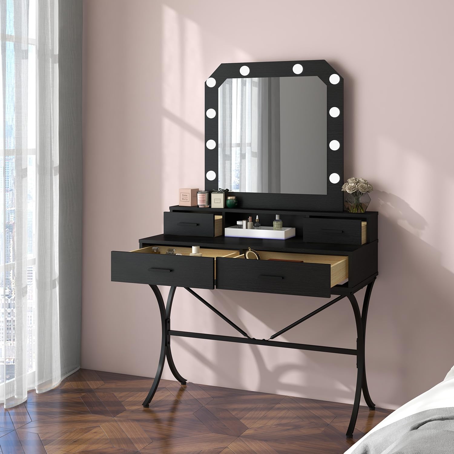 Vanity Table with Lighted Mirror, Modern Makeup Vanity Table with 10 Lights Makeup Desk 4 Drawer Storage Dressing Table for Bedroom (Black)