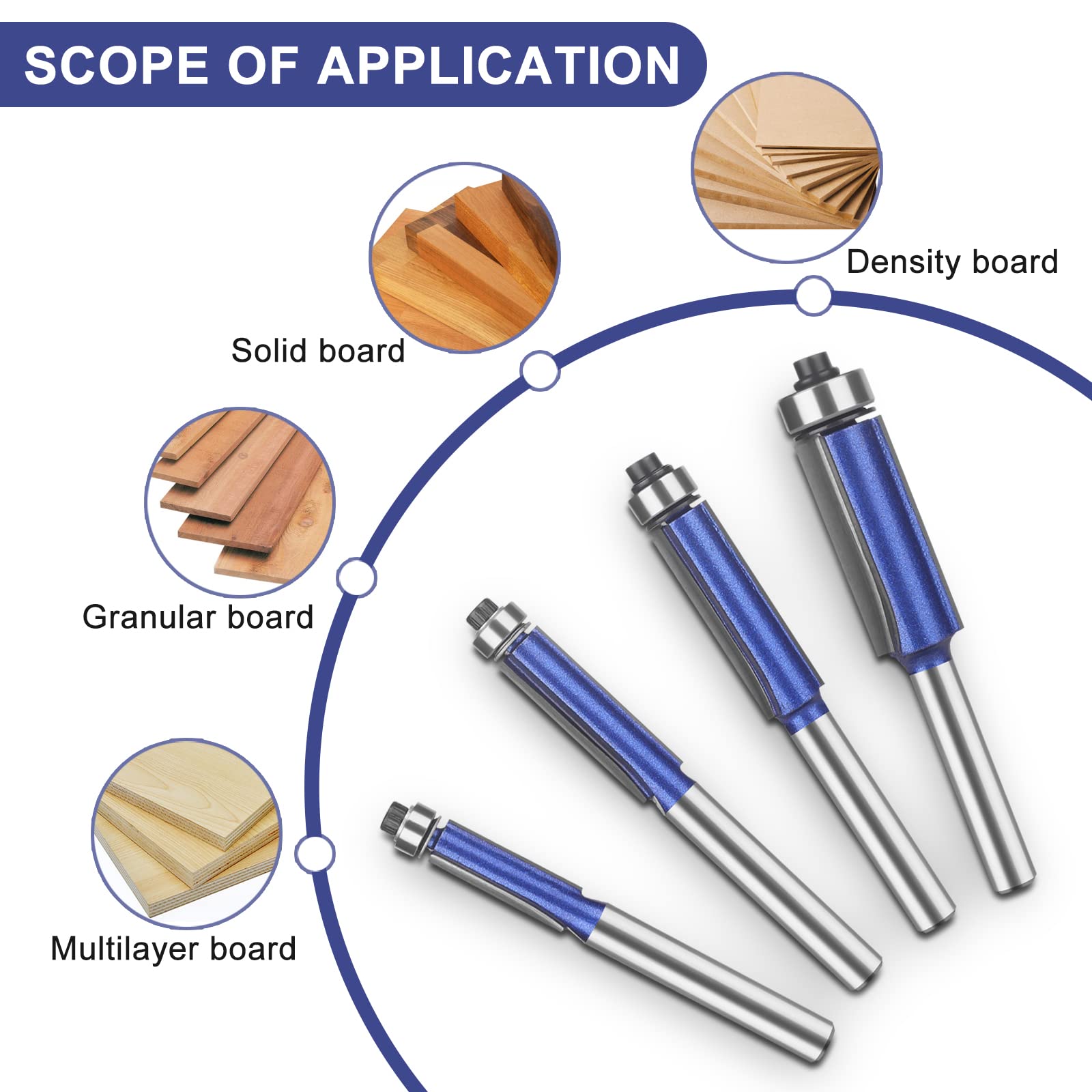 UTRUSTTO Professional Straight Flush Trim Router Bits 1/4 Inch Shank, Top Bearing Flush Trim Router Bit Set, Cutting Height Respectively 13/16", 1-1/16", 1-3/16", 1-7/32".