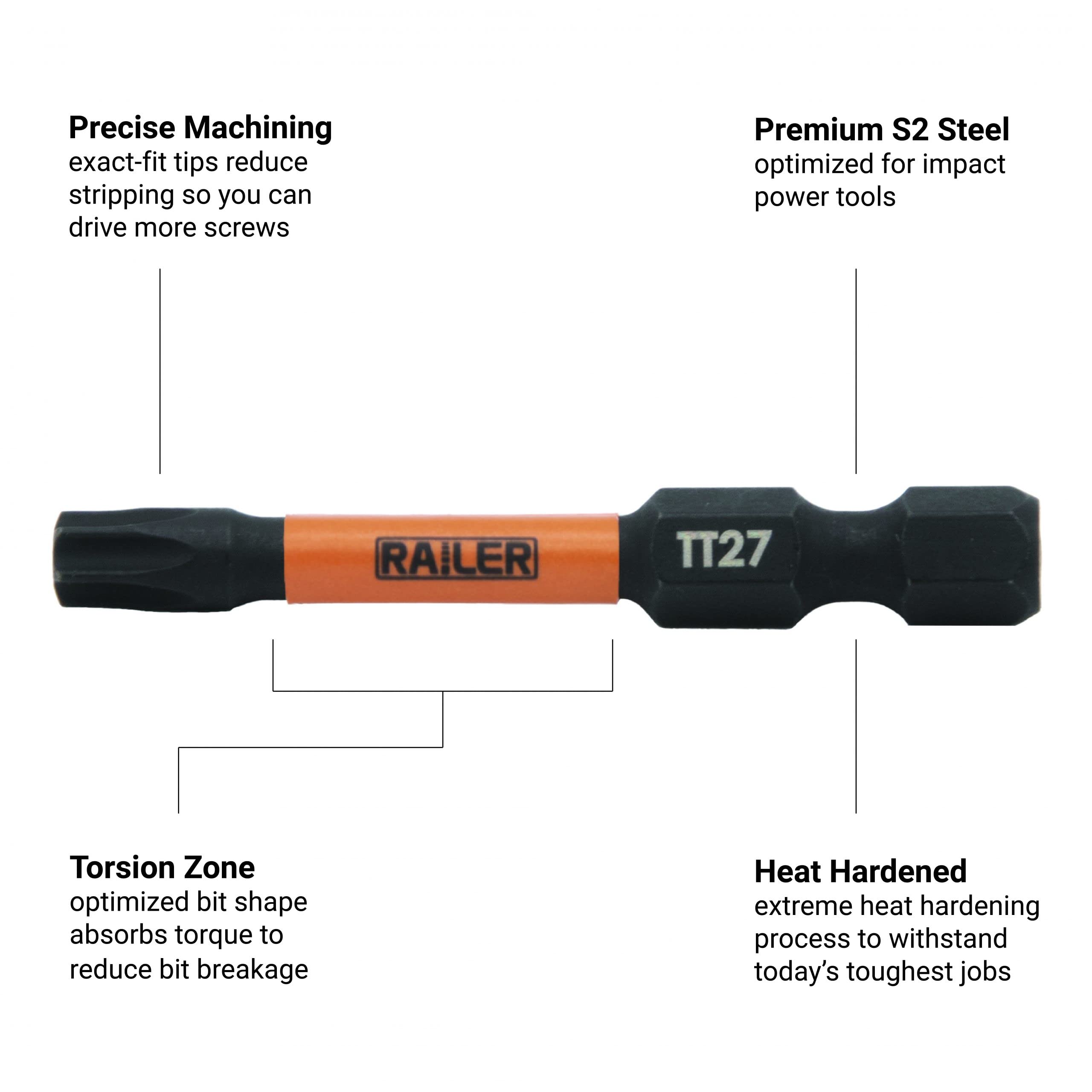 TORX T27 Tamer Proof Bits - Railer T27 TORX Security 2 Inch Bits. 1/4 Inch Hex Shank S2 Steel Tamper Resistant Star Bits (4 Pack)