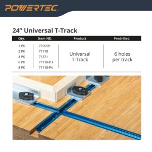 POWERTEC 71118-P3, 24 Inch Double-Cut Profile Universal T-Track with Predrilled Mounting Holes, for Woodworking Jigs and Fixtures, Drill Press Table, Router Table, Workbench, 6 Count, Pack of 1