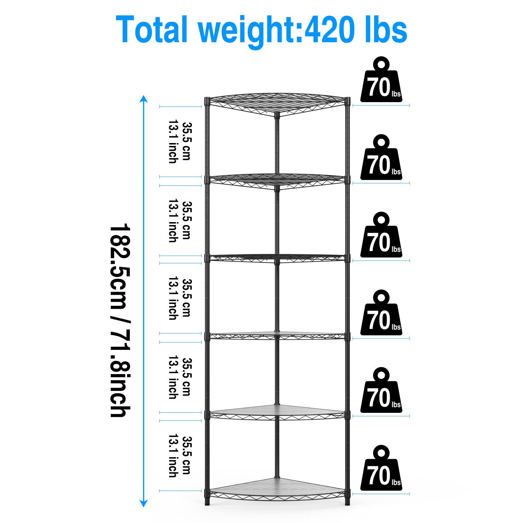 NSF 6-Tier Metal Corner Shelf Wire Shelving Unit - 420 lbs Capacity, Adjustable, with leveling feet & Waterproof Shelf Liners - Ideal for Garage, Kitchen, and More - 72" H x 18" L x 18" D - Black