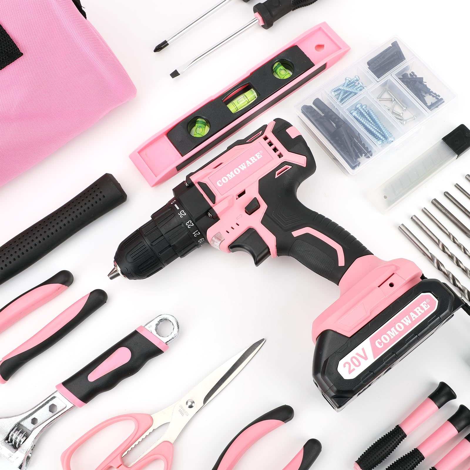 COMOWARE 171Pcs Home Tool Kit with Drill, Pink Drill Set for Women, Lady's Home Repairing Tool Kit with 20V Power Drill, with a Large-Capacity Tool Storage Bag