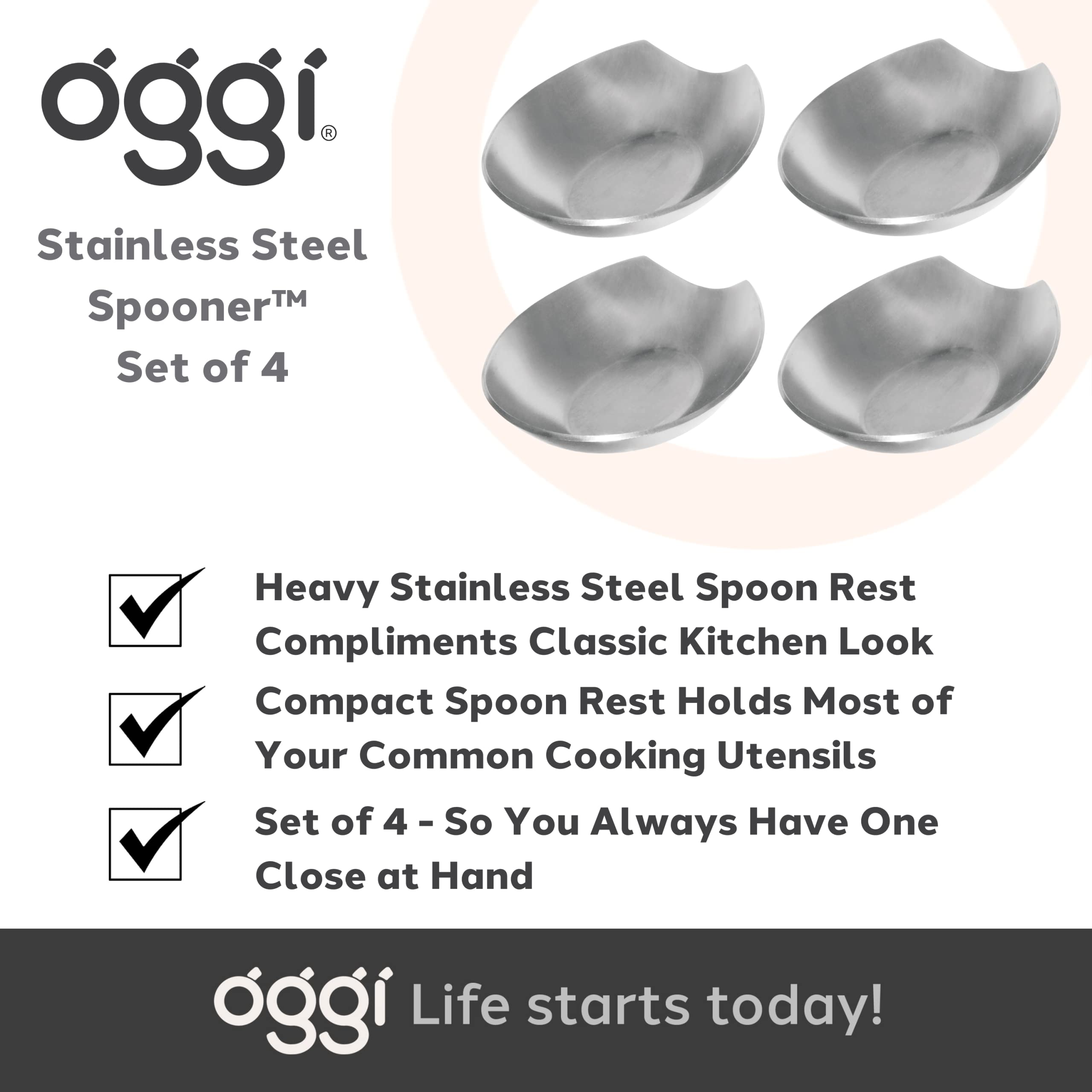 OGGI Spooner Stainless Steel Spoon Rest - Set of 4 - Holds Kitchen Utensils for Mess Free Cooking, Great Spoon Rest for Kitchen Counter, Stove Top, or Coffee Station; Kitchen Accessories, Utensil Rest