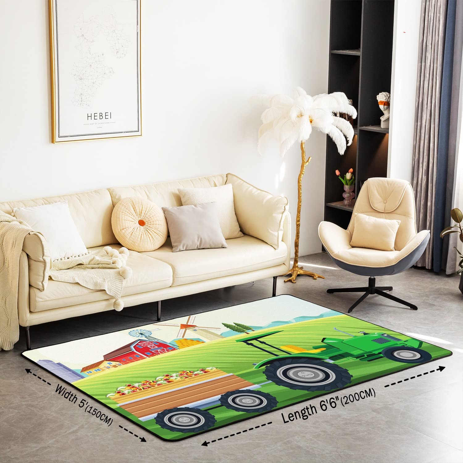 Tractor Area Rug 3'x5' Cartoon Farm Equipment Trucks Rugs Mat for Green Construction Car Living Room Bedroom Decor Harvester Tractor Carpet Non Slip Area Runner Rug