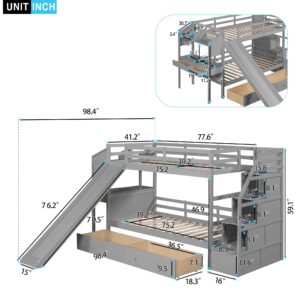 Twin Over Twin Bunk Bed with Stairs and Slide, Wooden Bunk Bed with Desk and Storage Drawers, Modern Bunked Frame for Kids Boys Girls Teens, Gray