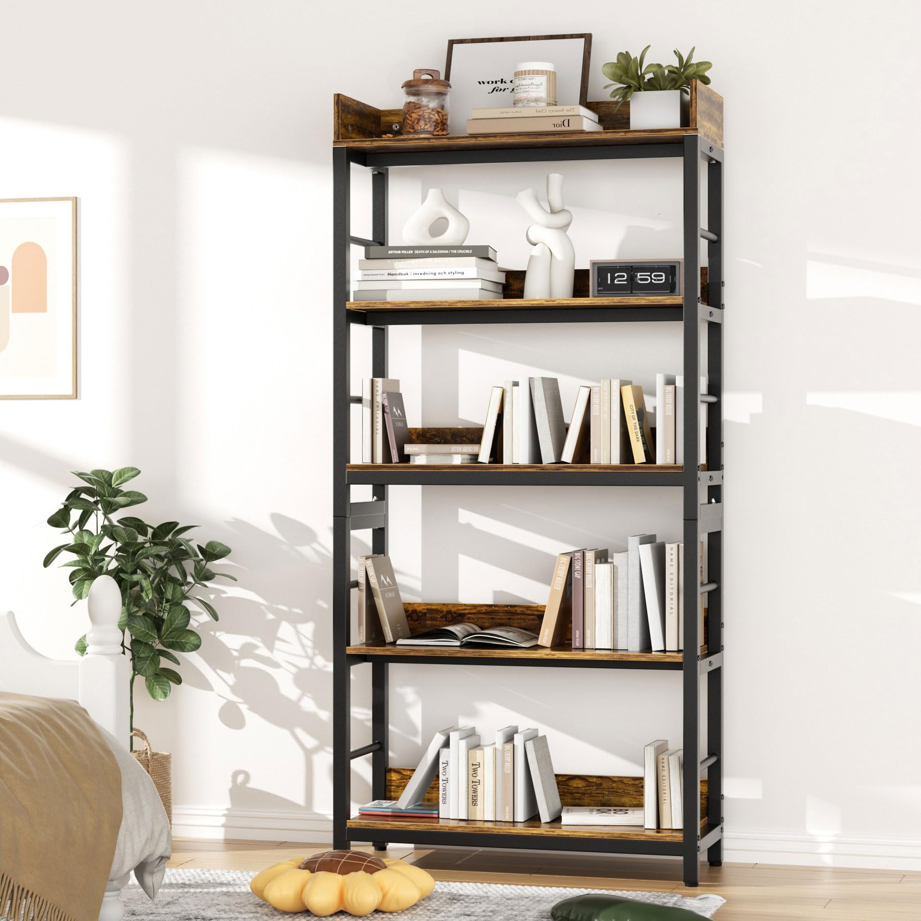 Aquzee Bookshelf, 66" H 5-Tiers Heavy Duty Industrial Shelving Wood & Metal Bookcase, Rustic and Black Tall Shelf Units for Home, Office, Living Room