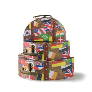 global travel themed cardboard decorative storage boxes with lids: set of 3, mini vintage suitcases with international flag decorations, scrapbook storage boxes, prop storage boxes