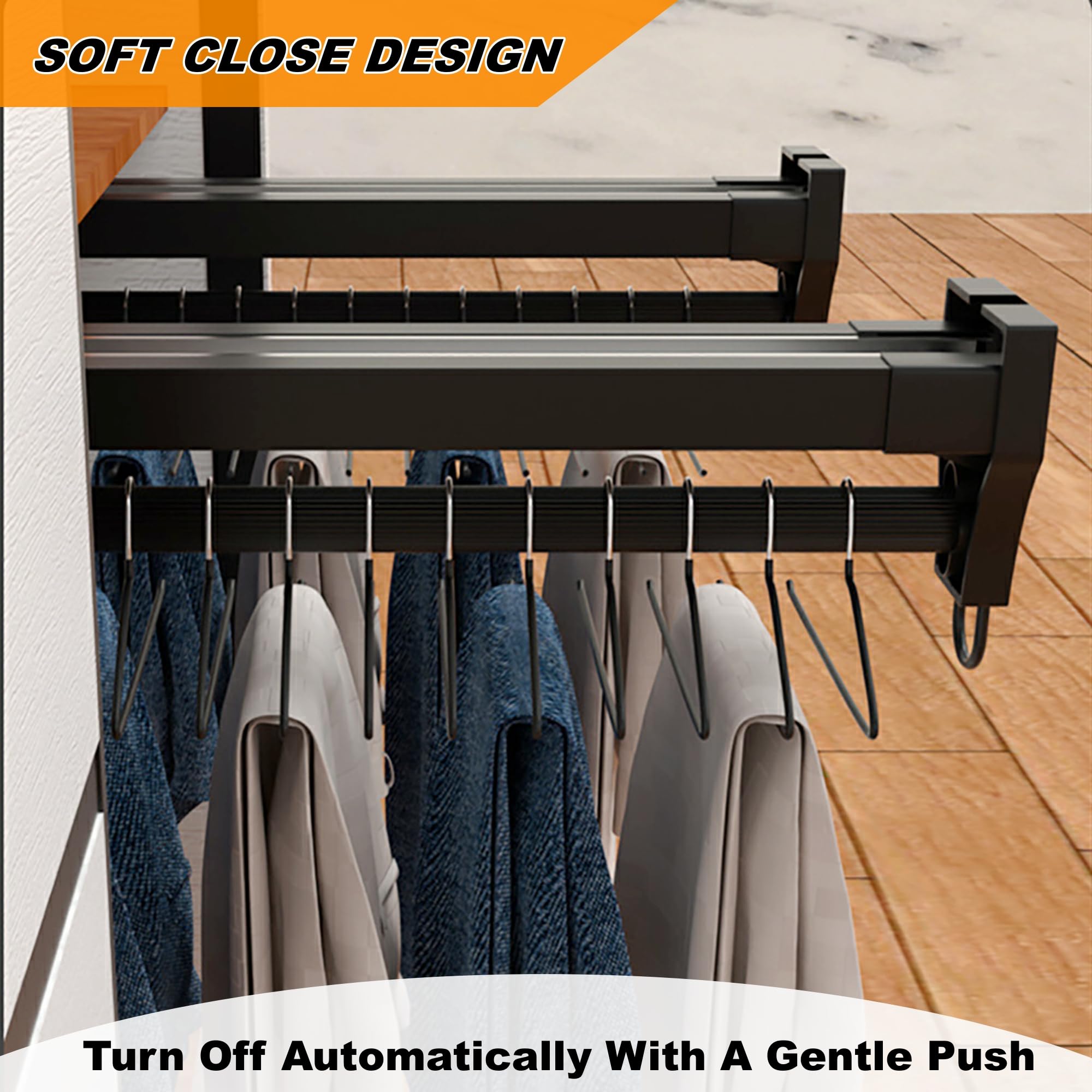 Alise Pull Out Clothes Hanger Rack for Closet,Heavy Duty Closet Rod with Automatic Soft-Close Mechanism for Closets,16 inch Closet Pull Out Metal Rod Organizer Hangers for Coats Pants Hangers,Black