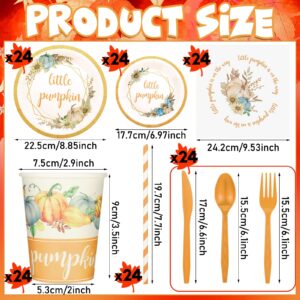 Tanlade 193 Pcs Fall Little Pumpkin Baby Shower Party Decoration Set Including Disposable Fall Baby Shower Paper Plates Cups Napkin Straws Plastic Knives Forks Spoons Set(Fall Baby Shower Party)