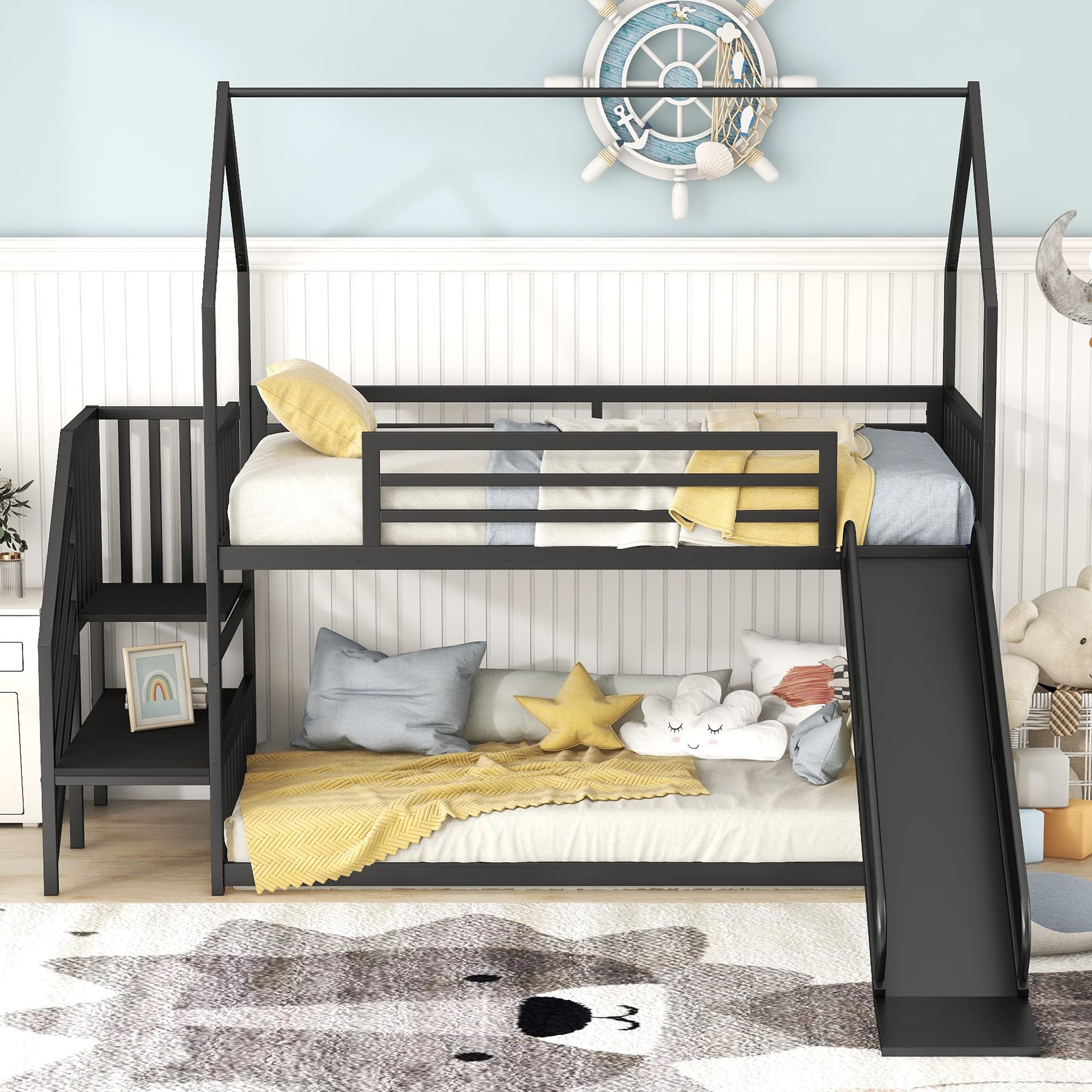 House Bunk Bed Twin Over Twin, Low Bunk Bed with Slide and Storage Stairs, Heavy-Duty Metal Playhouse Bunk Bed Frame for Kids Boys Girls Teens, Black