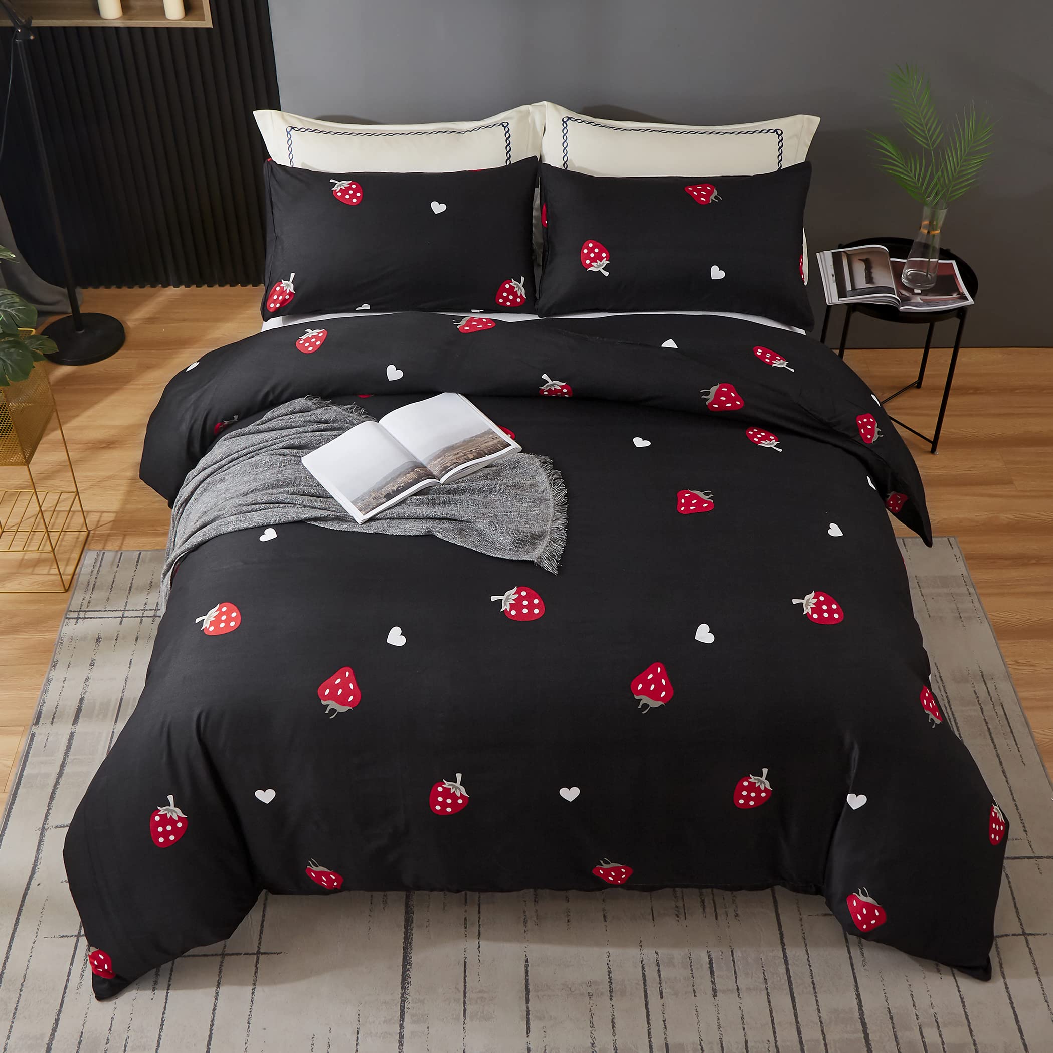 LAMEJOR Black Duvet Cover Set Twin Size Red Strawberry Print Soft Bedding Set Comforter Cover (1 Duvet Cover + 2 Pillowcases)