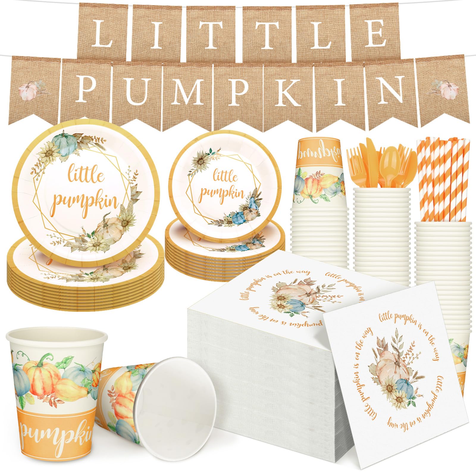 Tanlade 193 Pcs Fall Little Pumpkin Baby Shower Party Decoration Set Including Disposable Fall Baby Shower Paper Plates Cups Napkin Straws Plastic Knives Forks Spoons Set(Fall Baby Shower Party)