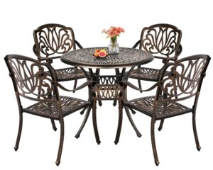 titimo 5-piece cast aluminum outdoor patio dining set, 4 pattern chairs and 35.4" round table,cast aluminum conversation set with 2.2” umbrella hole (without cushions, 1 round table + 4 chairs)