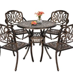 TITIMO 5-Piece Cast Aluminum Outdoor Patio Dining Set, 4 Pattern Chairs and 35.4" Round Table,Cast Aluminum Conversation Set with 2.2” Umbrella Hole (Without Cushions, 1 Round Table + 4 Chairs)