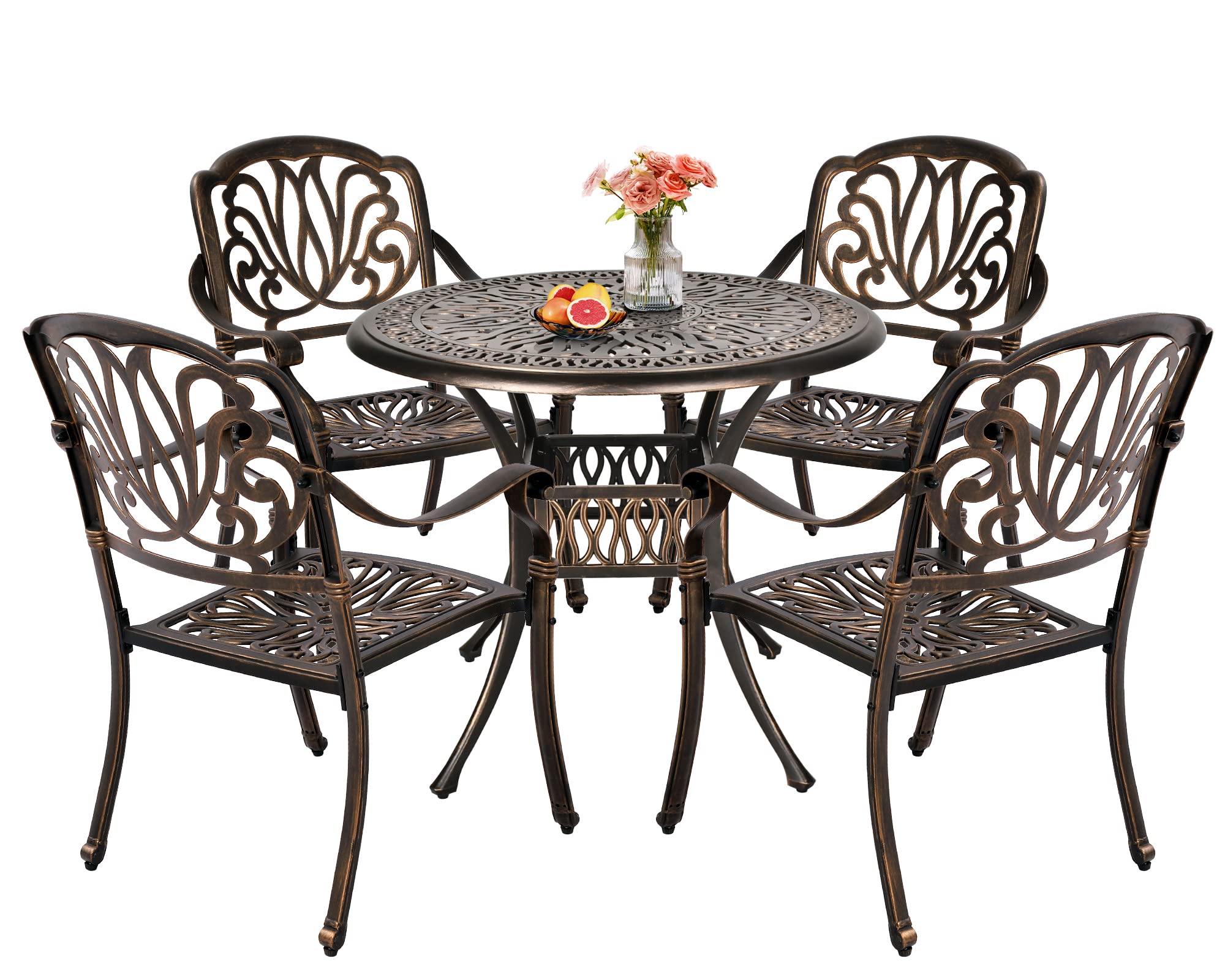 TITIMO 5-Piece Cast Aluminum Outdoor Patio Dining Set, 4 Pattern Chairs and 35.4" Round Table,Cast Aluminum Conversation Set with 2.2” Umbrella Hole (Without Cushions, 1 Round Table + 4 Chairs)