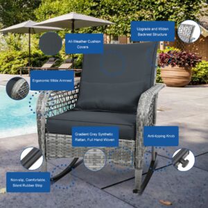 CIRMUBUY 6-Piece Patio Furniture Set,Outdoor Rocking Chairs Set of 2, Patio Conversation Set with 4 Wicker Chairs with 2 Glass Coffee Tables and Cushions for Garden,Porch (Dark Grey)