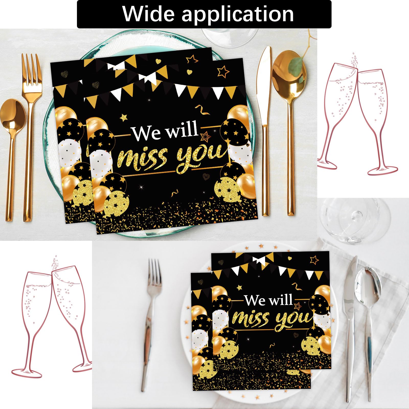 50 pcs We Will Miss You Party Paper Napkins Farewell Going Away Party Disposable Decoration Supplies Black and Gold Goodbye Party Favors for Good Luck Leaving Retirement Graduation Party Decor Set