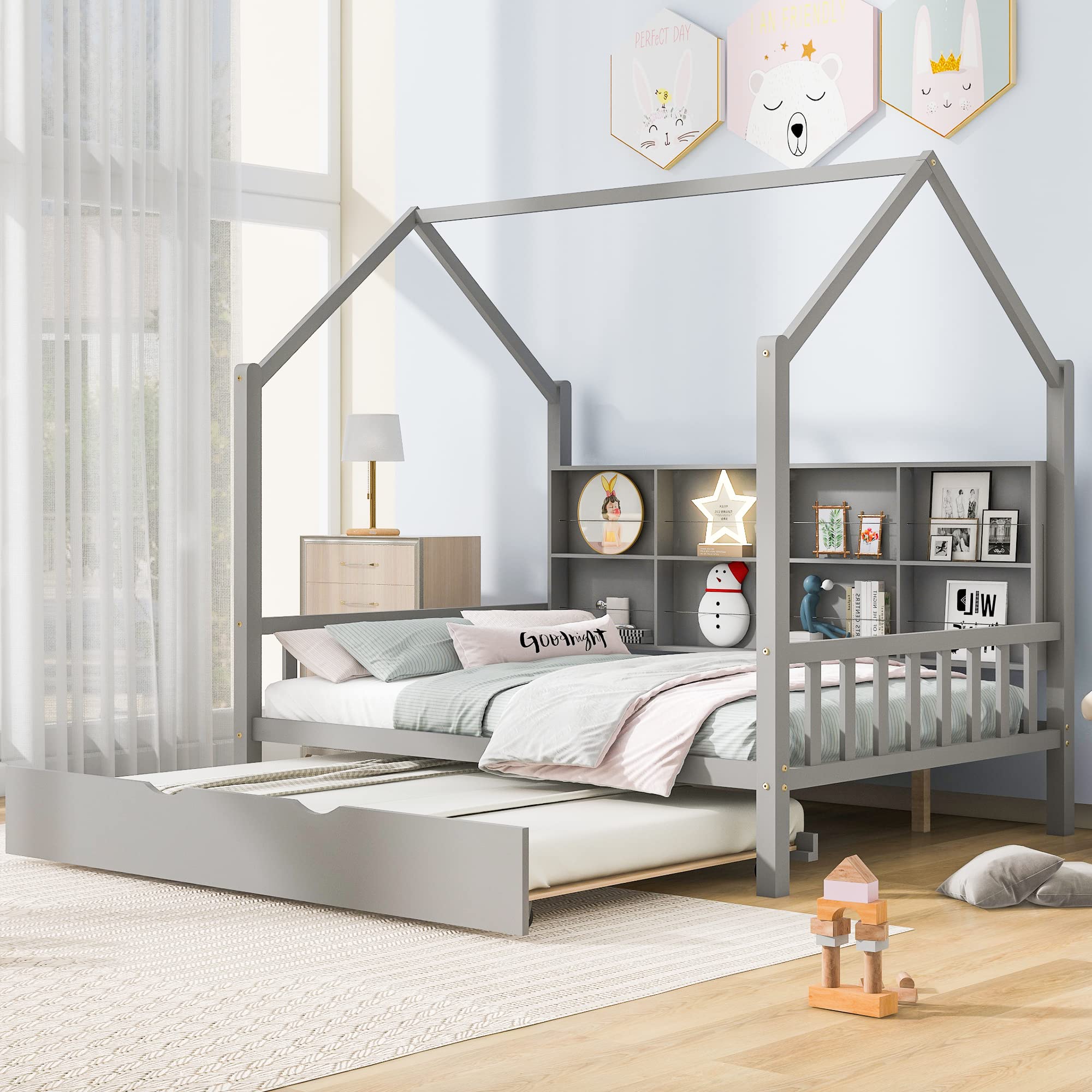 Merax Full Size Wooden House Bed,Solid Wood Full Bed Frames with Trundle and Shelf,Kids House Bed,Gray