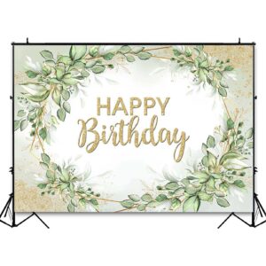 Avezano Sage Green Birthday Party Decorations Sprinkle Gold Dots Happy Birthday Backdrop Greenery Leaves Bday Photoshoot Background Banner (7x5ft)