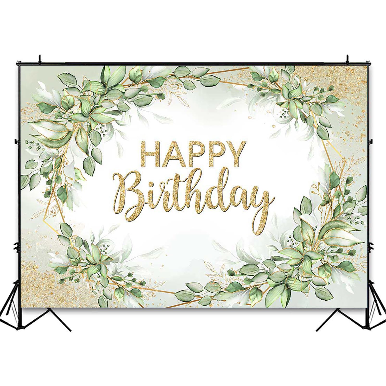 Avezano Sage Green Birthday Party Decorations Sprinkle Gold Dots Happy Birthday Backdrop Greenery Leaves Bday Photoshoot Background Banner (7x5ft)