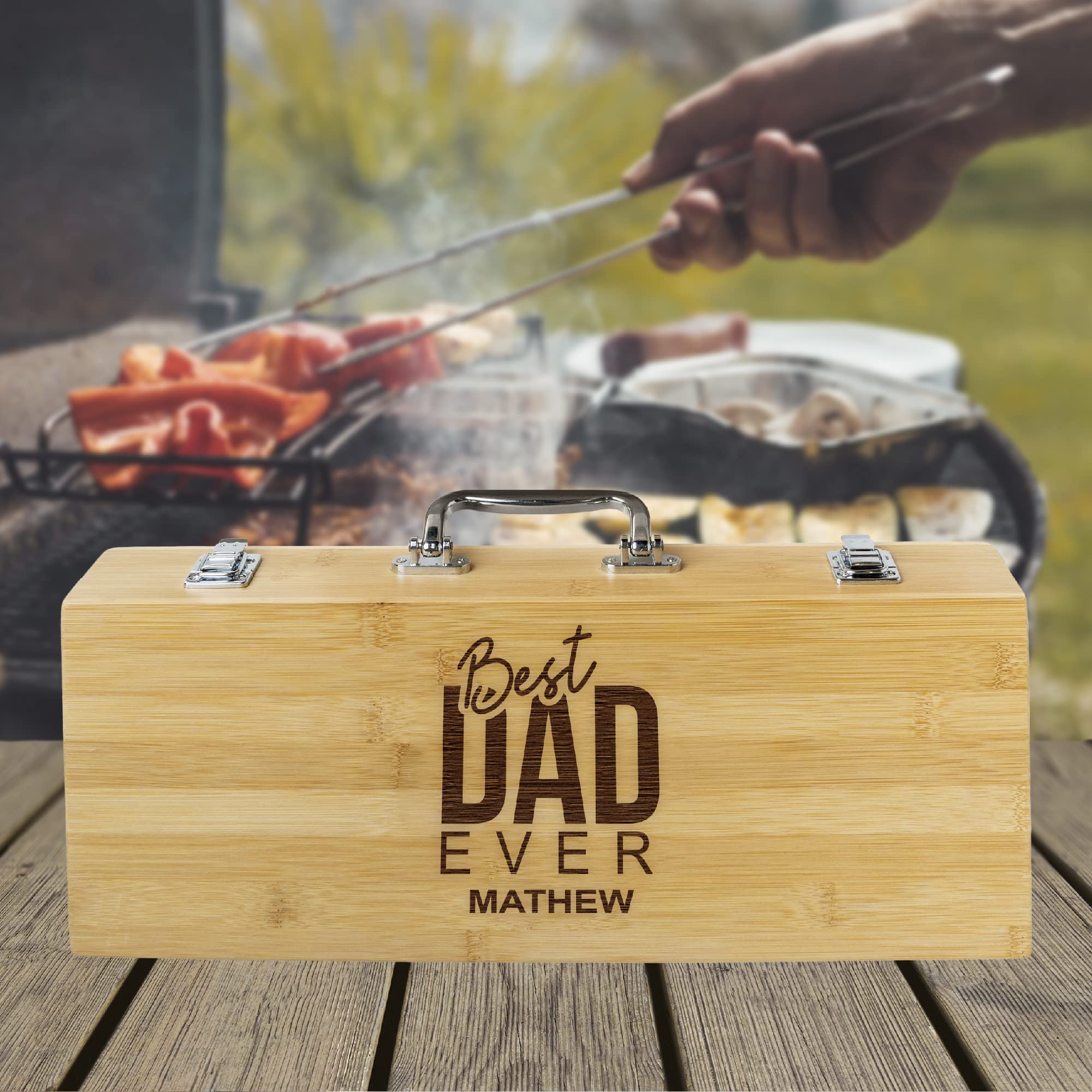 Personalized BBQ set box for men, custom engraved name outdoor cooking barbecue master grilling utensil accessories kit for dad & husband, father’s day gift (Customized)