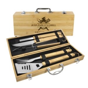 personalized bbq set box for men, custom engraved name outdoor cooking barbecue master grilling utensil accessories kit for dad & husband, father’s day gift (customized)