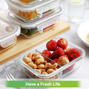 HOMBERKING 10 Pack Glass Meal Prep Containers 2 Compartment, Glass Food Storage Containers with Lids, Airtight Glass Lunch Bento Boxes, BPA-Free & Leak Proof (10 lids & 10 Containers) - Grey