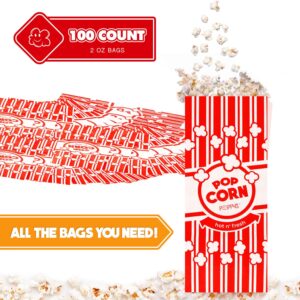 Poppy's Paper Popcorn Bags – 100 2 oz Concession-Grade Bags, Popcorn Machine Accessories for Popcorn Bars, Movie Nights, Concessions