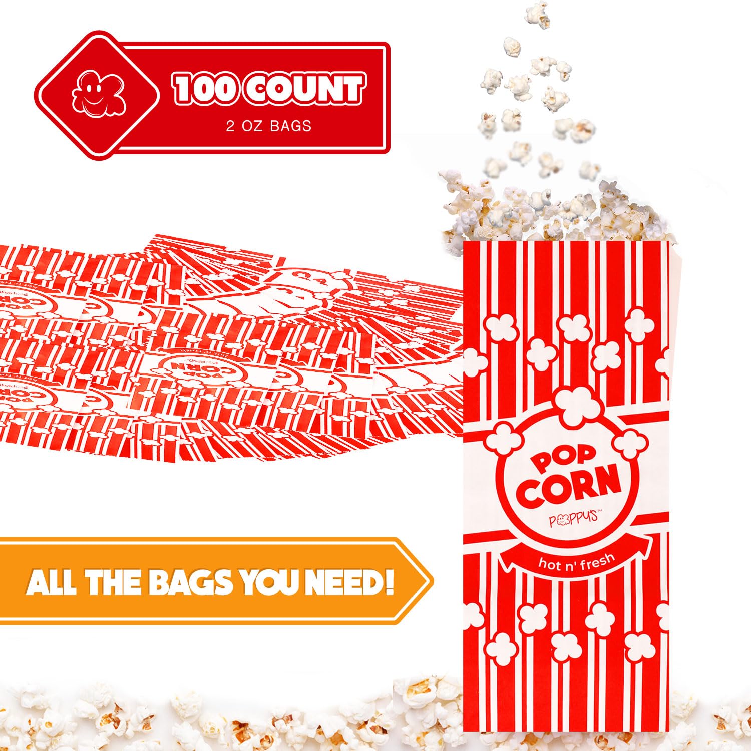 Poppy's Paper Popcorn Bags – 100 2 oz Concession-Grade Bags, Popcorn Machine Accessories for Popcorn Bars, Movie Nights, Concessions