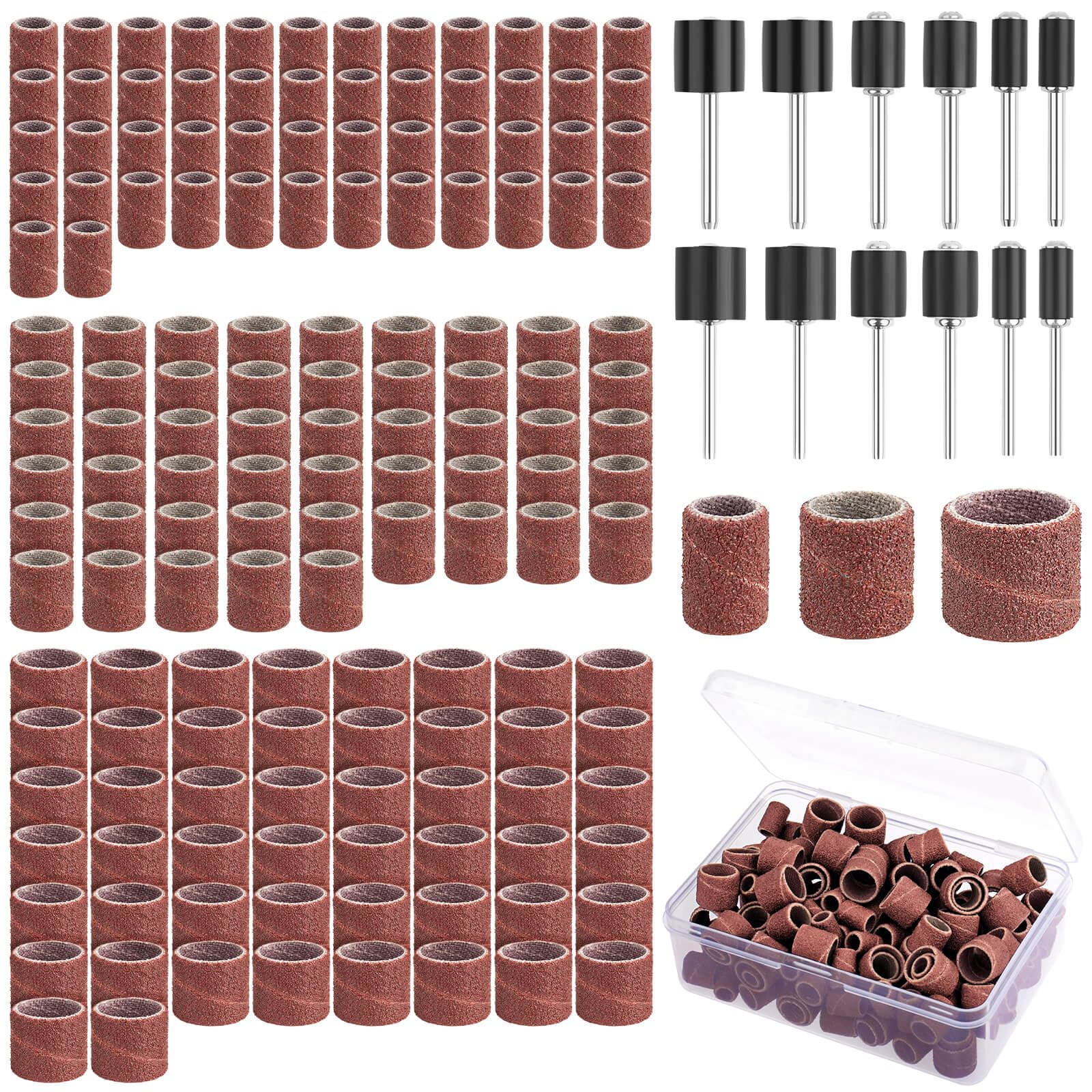 BAGTeck 162 Pieces Sanding Drums Kit Drum Sander for Drill with Storage Box Including 150 Pieces Sanding Band Sleeves and 12 Pieces Drum Mandrels for Rotary Tool- 120 Grit