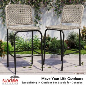 Sundale Outdoor Patio Bar Stools Set of 2, Hand Woven PE Rattan Hollow Back Armless Barstools for Deck Yard Porch, All-Weather Gradient Grey Wicker Outside Tall Chair Set