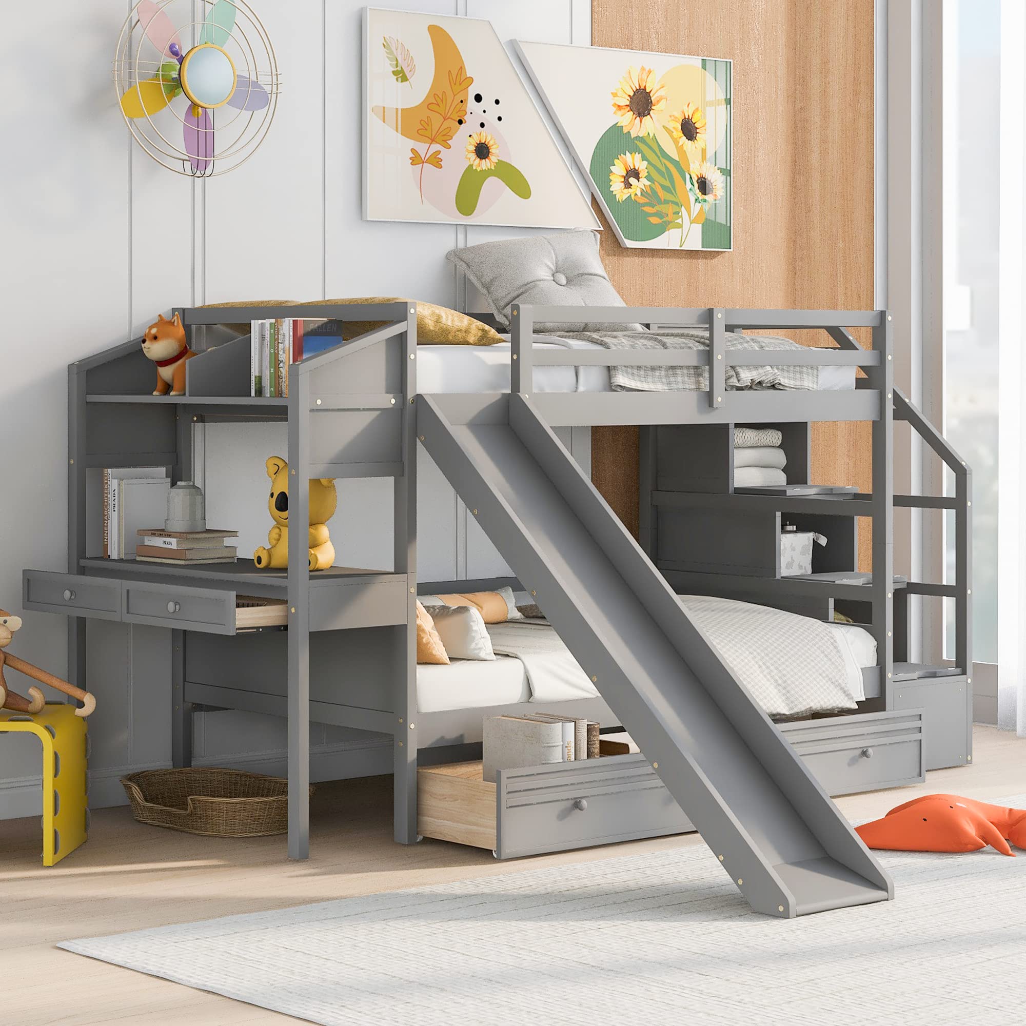 Twin Over Twin Bunk Bed with Stairs and Slide, Wooden Bunk Bed with Desk and Storage Drawers, Modern Bunked Frame for Kids Boys Girls Teens, Gray