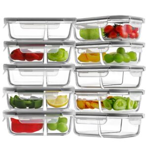 homberking 10 pack glass meal prep containers 2 compartment, glass food storage containers with lids, airtight glass lunch bento boxes, bpa-free & leak proof (10 lids & 10 containers) - grey