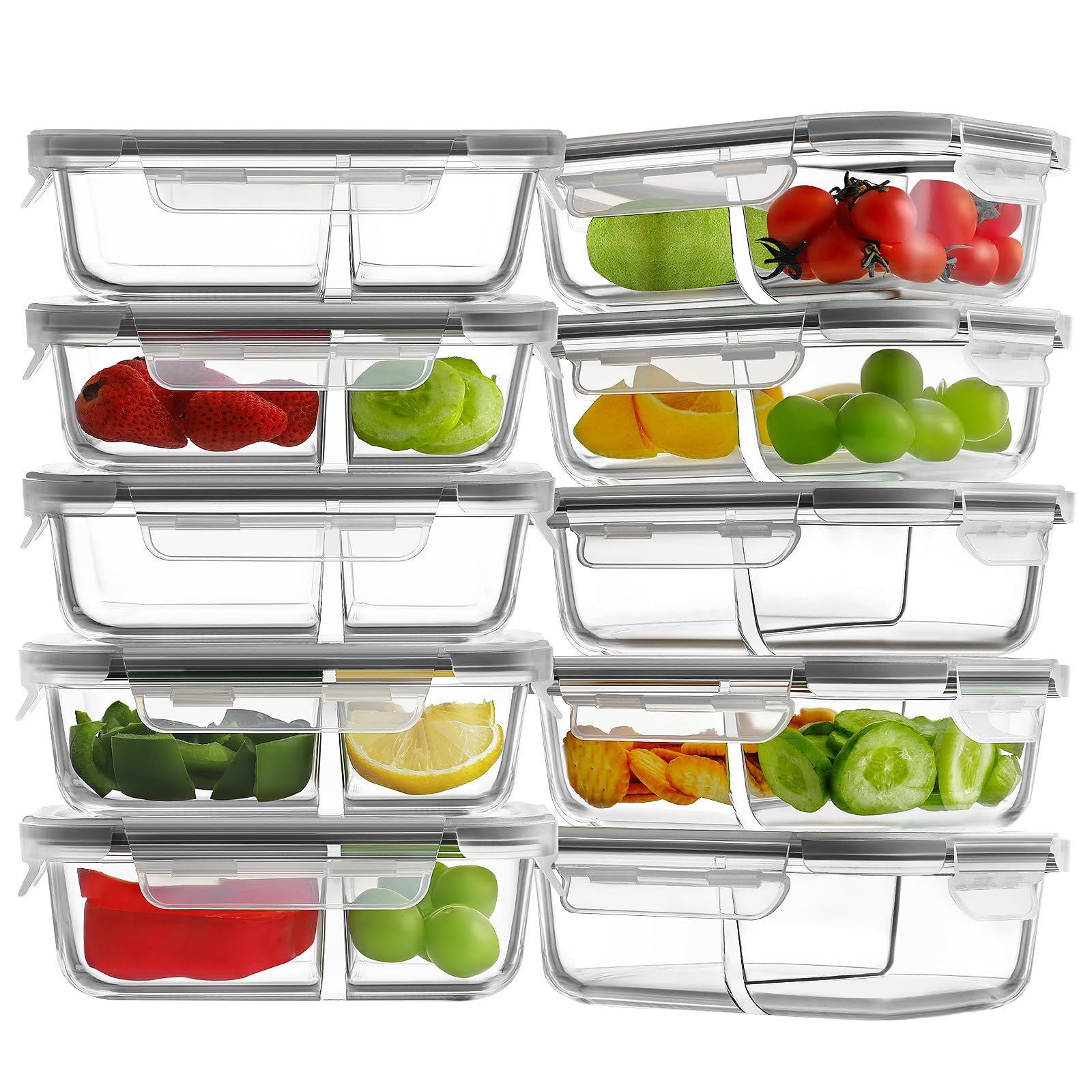 HOMBERKING 10 Pack Glass Meal Prep Containers 2 Compartment, Glass Food Storage Containers with Lids, Airtight Glass Lunch Bento Boxes, BPA-Free & Leak Proof (10 lids & 10 Containers) - Grey