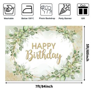 Avezano Sage Green Birthday Party Decorations Sprinkle Gold Dots Happy Birthday Backdrop Greenery Leaves Bday Photoshoot Background Banner (7x5ft)