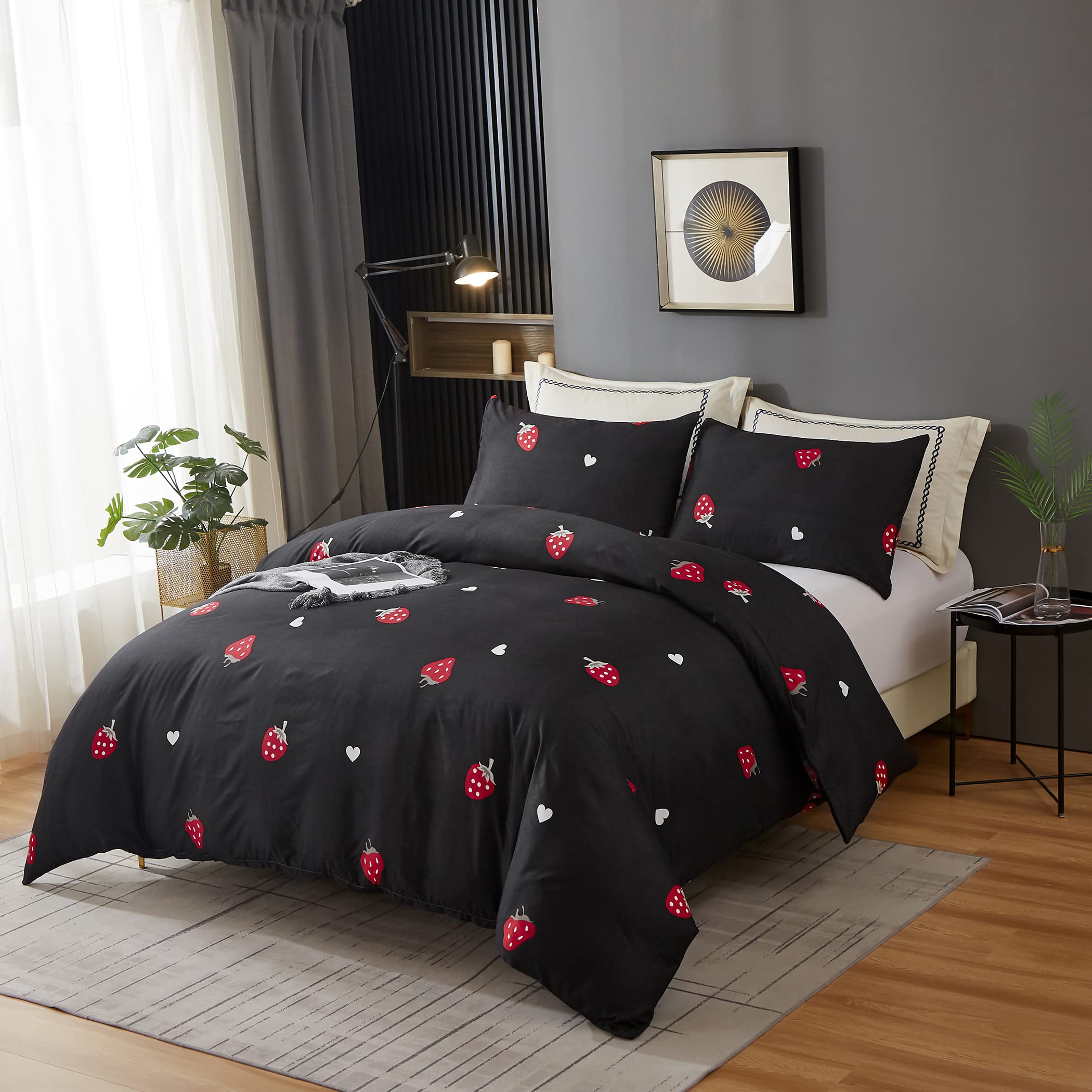 LAMEJOR Black Duvet Cover Set Twin Size Red Strawberry Print Soft Bedding Set Comforter Cover (1 Duvet Cover + 2 Pillowcases)