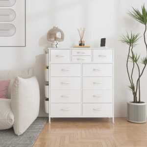 Lulive Dresser for Bedroom with 12 Drawers, Tall Dresser Chest of Drawers with Side Pockets and Hooks, Fabric Dresser Storage Tower for Closet, Hallway, Living Room (White)