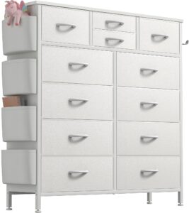 lulive dresser for bedroom with 12 drawers, tall dresser chest of drawers with side pockets and hooks, fabric dresser storage tower for closet, hallway, living room (white)