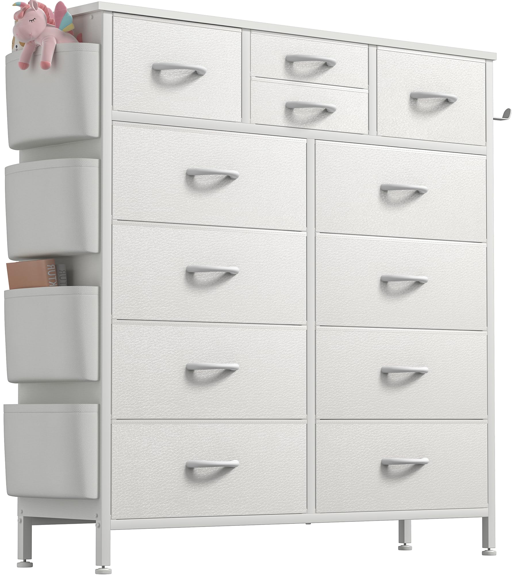 Lulive Dresser for Bedroom with 12 Drawers, Tall Dresser Chest of Drawers with Side Pockets and Hooks, Fabric Dresser Storage Tower for Closet, Hallway, Living Room (White)