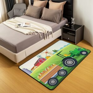 Tractor Area Rug 3'x5' Cartoon Farm Equipment Trucks Rugs Mat for Green Construction Car Living Room Bedroom Decor Harvester Tractor Carpet Non Slip Area Runner Rug