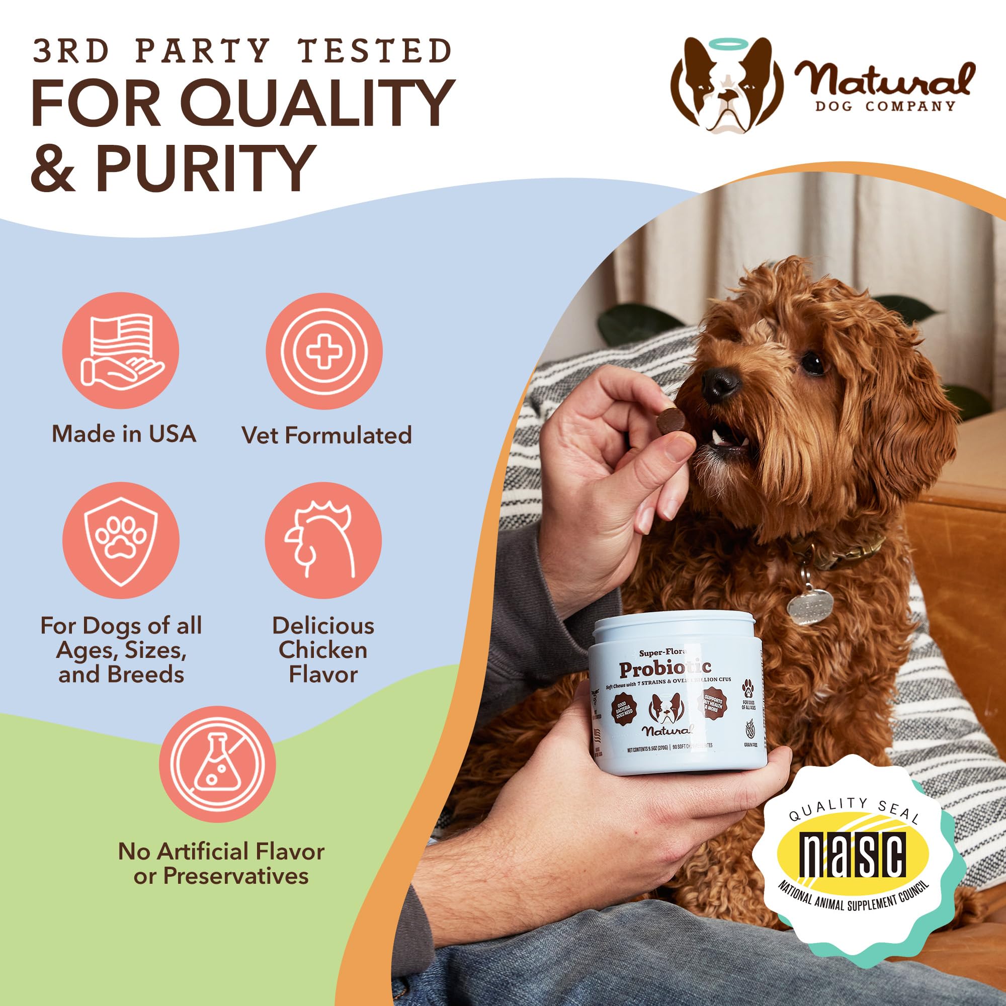 Natural Dog Company Probiotic Chews for Dogs (90 Bites), Chicken Flavor, Helps with Digestion & Gut Health Supports Immune System, Probiotics Supplement for Dogs of All Ages, Sizes & Breeds.