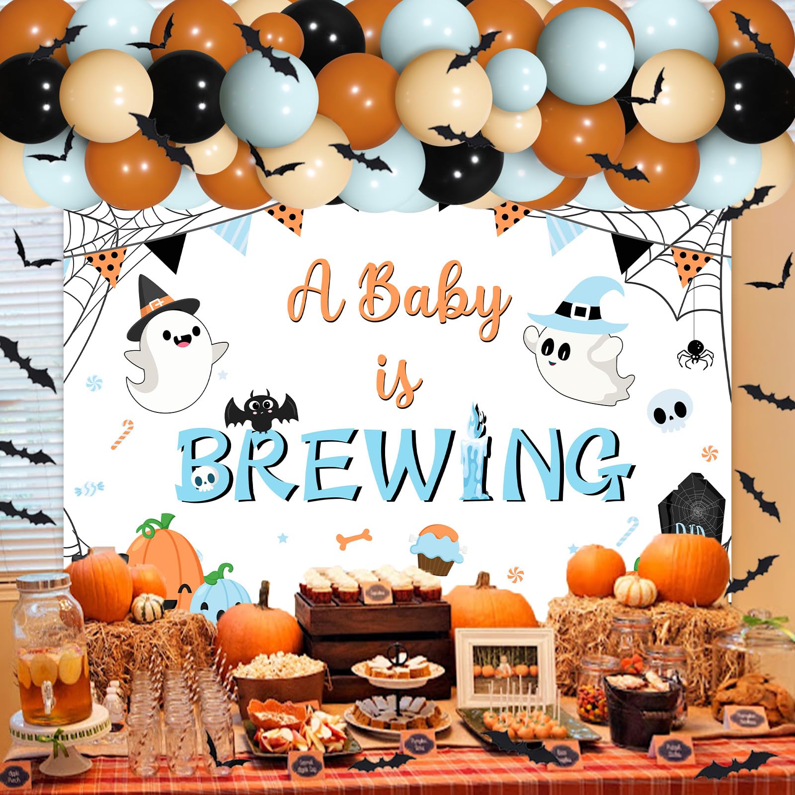 Halloween Baby Shower Decorations for Boys - A Baby is Brewing Backdrop, Blue and Orange Black Bat Balloons Garland Arch Kit