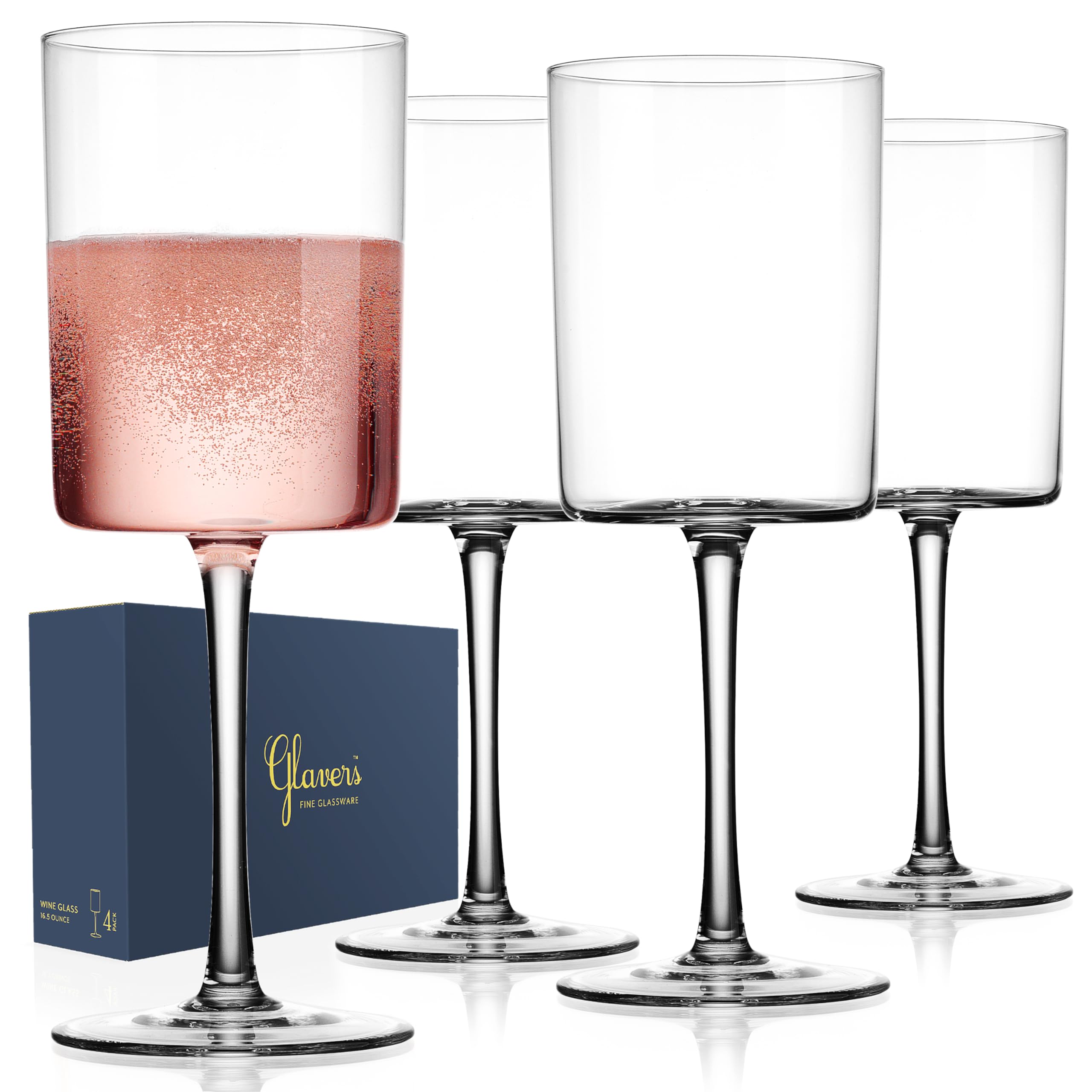 Square Wine Glasses Set of 4, Crystal Stemmed Modern Wine Glasses 16 Oz, Tall Thin Rim, Large Wine Glasses For Red and White Wine, Elegant Gifting Packaging, Dishwasher Safe. Snifter