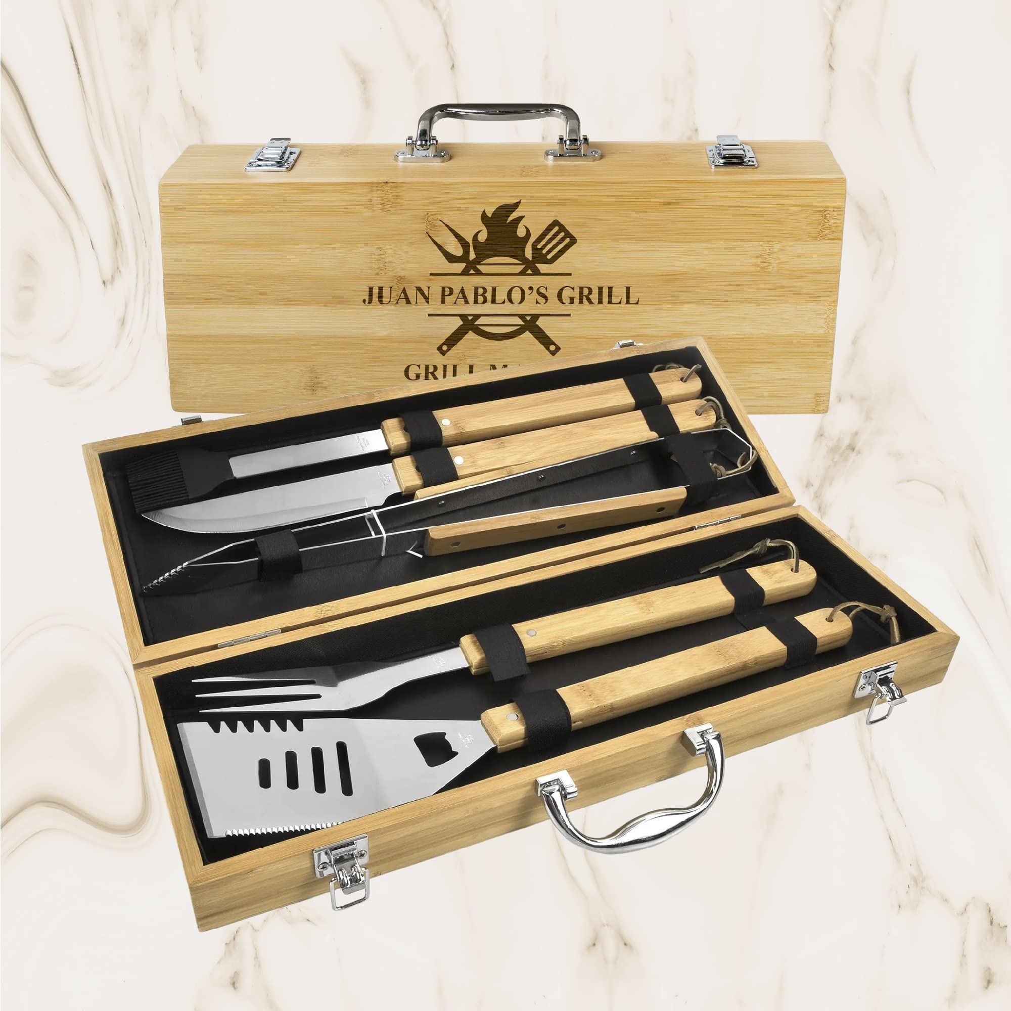 Personalized BBQ set box for men, custom engraved name outdoor cooking barbecue master grilling utensil accessories kit for dad & husband, father’s day gift (Customized)