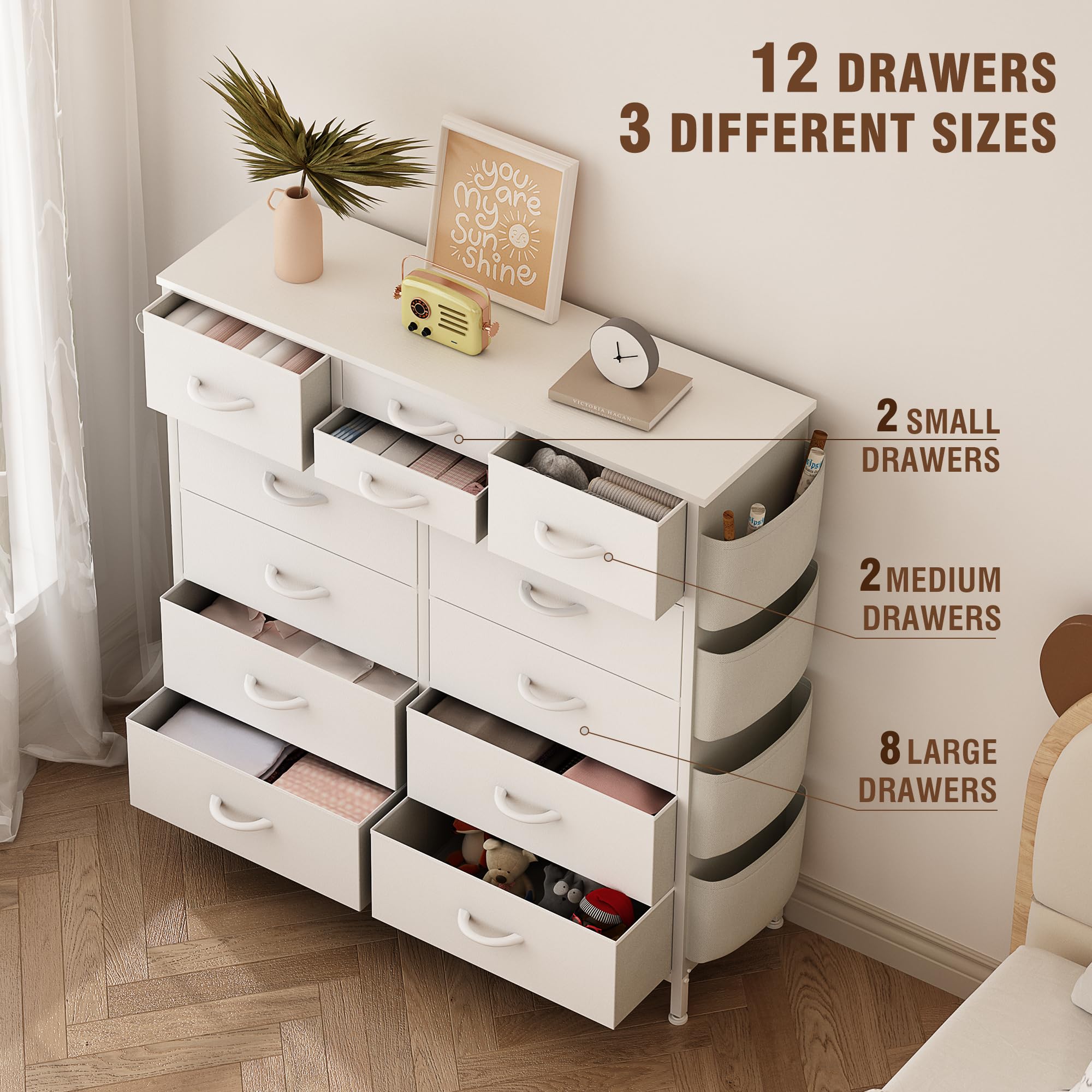 Lulive Dresser for Bedroom with 12 Drawers, Tall Dresser Chest of Drawers with Side Pockets and Hooks, Fabric Dresser Storage Tower for Closet, Hallway, Living Room (White)